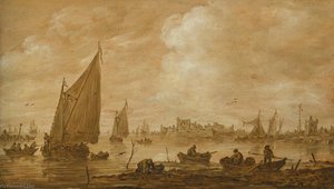 View of a Dutch estuary with fishermen boats