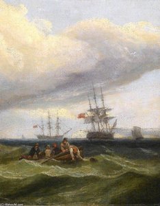 Seascape With Shipping And Rowing Boat — Thomas Luny