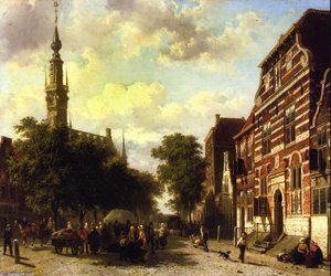 A Busy Market In Veere With The Clocktower Of The Town Hall Beyond — Cornelis Springer