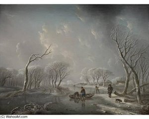 A Winter Landscape With Boys Skating On A Frozen River And A Man Walking His Dog — Andries Vermeulen