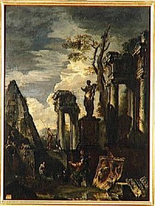 Ruines D'architecture Avec La Pyramide De Cestius Et La Statue De Flore — Giovanni Paolo Panini, Baroque