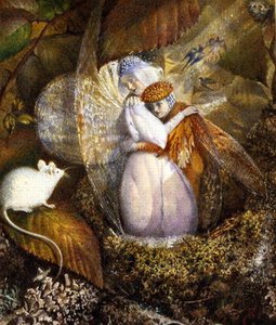 Fairy Lovers In A Bird's Nest Watching A White Mouse — Frederick Goodall