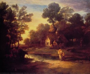 Wooded Landscape With Cattle By A Pool And A Cottage At Evening — Thomas Gainsborough, Romantic Landscape Painting