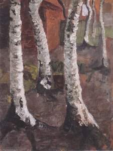 Birch Trunks Against A Red Farm — Paula Modersohn-becker