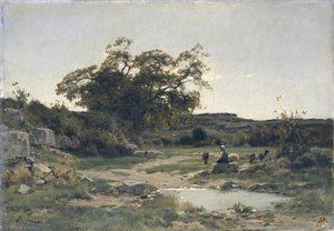 Bergère au bord d'un étang