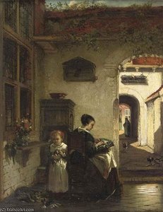 Mother And Daughter In The Courtyard