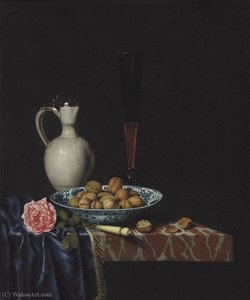 A wan-li bowl with walnuts, a façon de venise wine glass, an ivory-handled knife, a Delft stoneware jug and a rose on a partially draped marble ledge