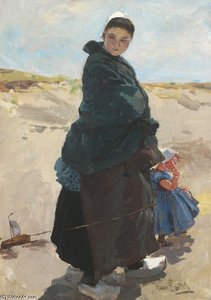 Mijmering; Vissersvrouw Met Kind Op Het Strand Van Katwijk