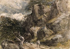 A Drover And Sheep In A Rocky Landscape — David Cox