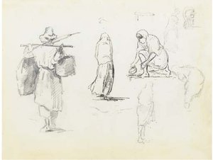 A Man Carrying Two Bags On A Pole Across His Shoulders, And Studies Of Women — Camille Pissarro