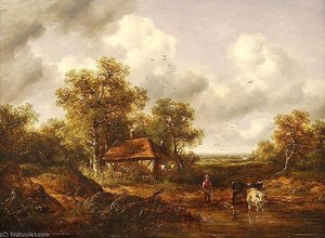 A Wooded Landscape With Cattle At A Pond, — Richard Hilder
