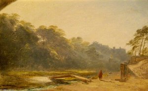 Sketch Of A Figure Walking By A Stream — James William Giles