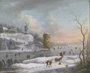 A winter landscape with figures skating on a river, a windmill beyond