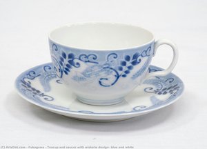 Teacup And Saucer With Wisteria Design, Blue And White — Fukagawa