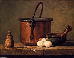 Tinned Copper Pot, Pepper Box, Leek, Three Eggs And A Casserole — Jean-baptiste-siméon Chardin
