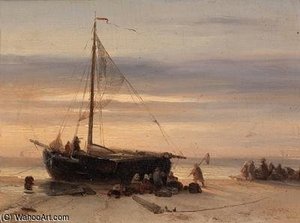 Fishermen On The Beach — Salomon Leonardus Verveer