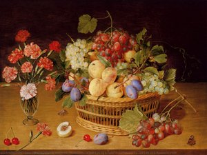 A Still Life Of A Vase Of Carnations To The Left Of A Basket Of Fruit — Gerard Van Honthorst, Baroque