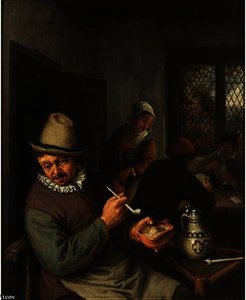 A Peasant Lighting A Pipe In An Inn, Cardplayers In The Background — Adriaen Van Ostade