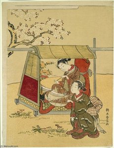 A Beauty Resting In A Palanquin Beneath Cherry Blossoms — Suzuki Harunobu