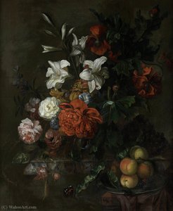 Poppies, Lilies, Roses And Other Flowers In A Glass Vase On A Draped Marble Ledge, With Peaches On A Pewter Dish, A Butterfly And A Snail On A Marble Ledge — Ernst Stuven