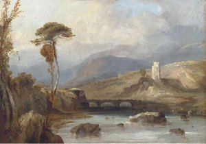 Figures On A Bridge, With Ruins Beyond — Anthony Vandyke Copley Fielding