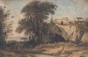 Sheep Grazing Before A Hillside Village On The Coast — John Varley I (the Older)