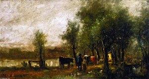 Walking Cattle by a Pond