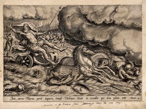 The Egyptians are drowned as Moses parts the waves