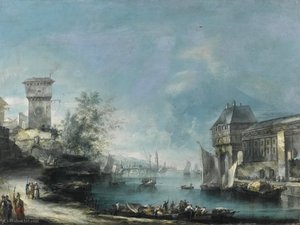 A Capriccio Coastal View With Elegant Buildings, A Bridge In The Distance, And Figures On Loaded Boats In The Foreground — Antonio Stom