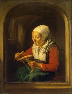 Old Woman Unreeling Threads — Gerrit Dou