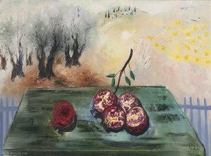 Pomegranates On Green Table, (1966) — Reuven Rubin