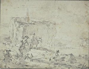 Farmers At The Water's Edge, Holding Sheaves Or Bundles — Nicolaes Pietersz Berchem