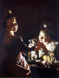 Two Girls Dressing A Kitten By Candlelight — Joseph Wright Of Derby