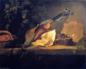 Musical Instruments And Basket Of Fruit — Jean-baptiste-siméon Chardin