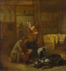 A Man With Dead Birds, And Other Figures, In A Stable — Pieter De Hooch