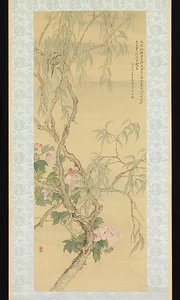Small Birds On A Willow Branch And Hibiscus Blossoms — Tsubaki Chinzan