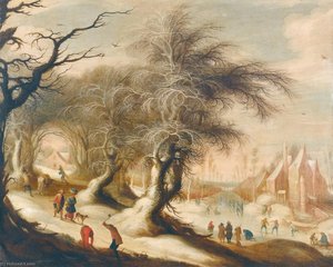 A Winter Landscape With Skaters On A Frozen River And Peasants Collecting Wood — Gijsbrecht Leytens