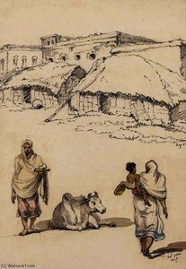 Two Women And A Cow Before An Indian Village — George Chinnery