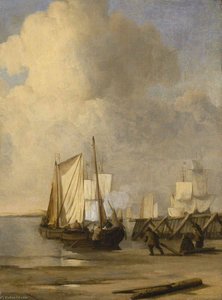 A Kaag Coming Ashore Near A Groyne With Ships And Vessels Under Sail Beyond — Willem Van De Velde The Elder