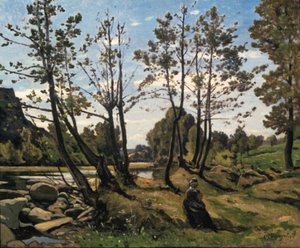 Woman Knitting On The Banks Of The Aumance — Henri-joseph Harpignies