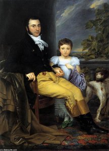 Portrait Of A Prominent Gentleman With His Daughter And Hunting Dog — Joseph Denis Odevaere