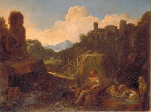 PAYSAGE PASTORAL, BERGER ASSIS DE FACE