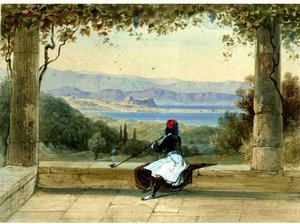 Figure On A Balcony Overlooking The Citadel, Corfu — Edward Lear