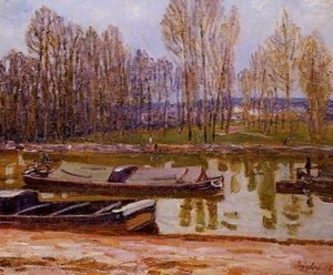 Barges On The Loing Canal, Spring — Alfred Sisley, Impressionist Landscape