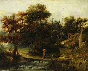 Landscape, Woman Crossing A Stream