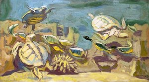 Study Of Three Turtles Swimming With Fish — Hans Feibusch
