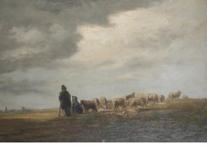 Shepherd And His Flock In An Open Landscape — Cornelis Van Leemputten