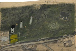 Landscape With Field, Chimneys And Road Between Blue And Dark Green Cottages (consols Mine) — Alfred Wallis