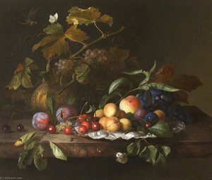 A Melon, Grapes, Apples, Peaches, Plums, Apricots, Cherries, And Insects On A Ledge — Jakab Bogdány