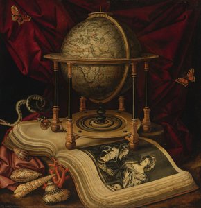 Vanitas Still Life With A Terrestrial Globe, A Book, Shells, A Snake And Butterflies — Carstian Luyckx